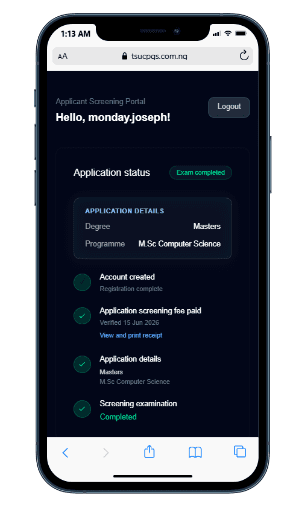TSU Postgraduate Screening Portal — mobile view